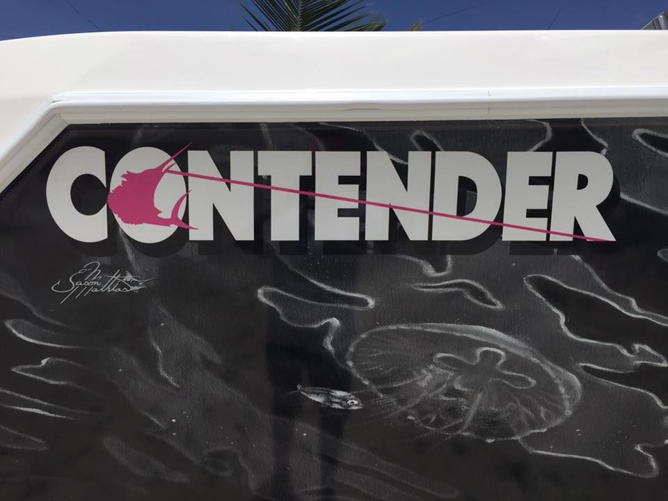 Contender hull with gray jellyfish art and Pasta's signature