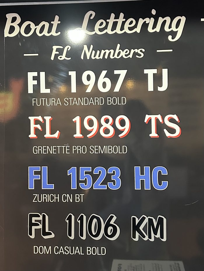 Sample board of boat lettering fonts with FL registration numbers