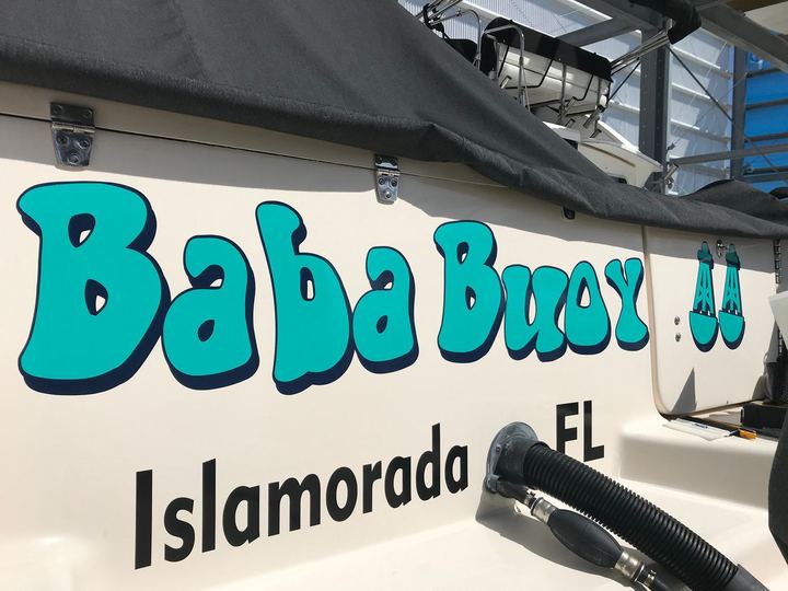 Baba Buoy boat name lettering with Islamorada FL hailing port