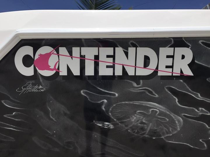 Contender hull with gray jellyfish art and Pasta's signature