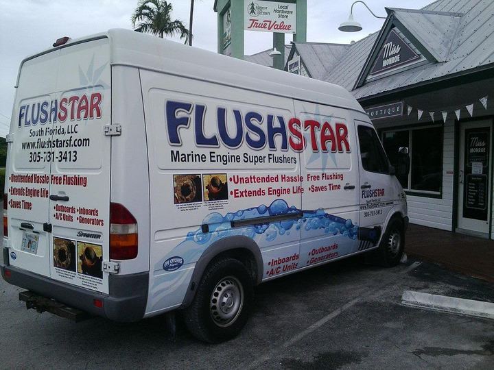 White van wrapped for Flushstar marine engine flushers