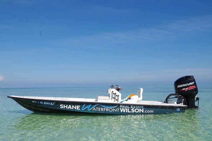 Skiff with Shane Wilson lettering on the hull