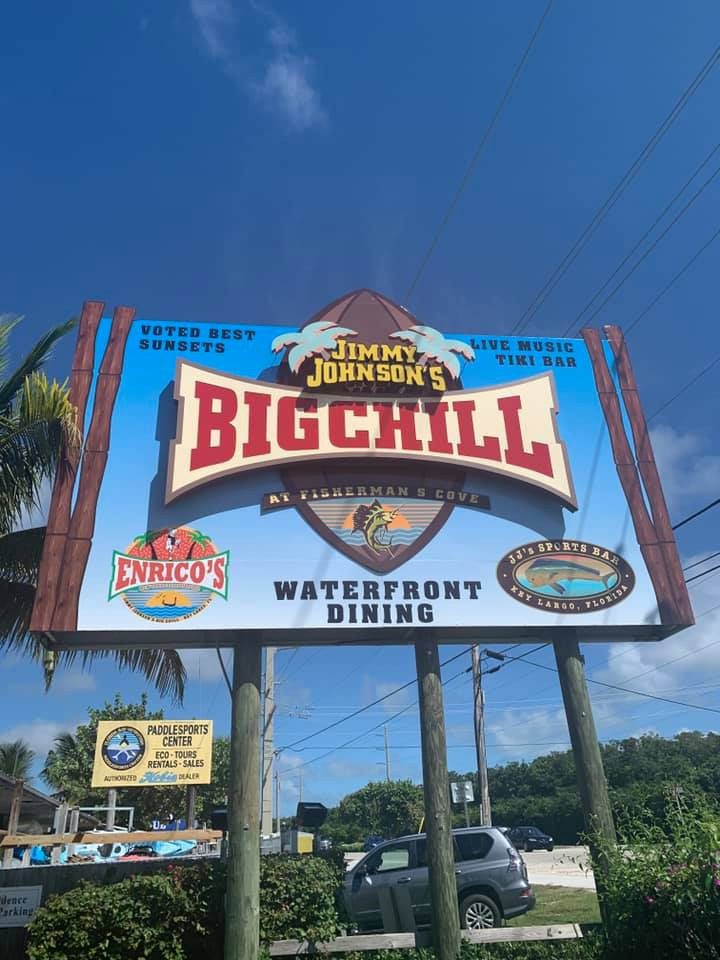 Jimmy Johnson's Big Chill waterfront dining pole sign in Key Largo