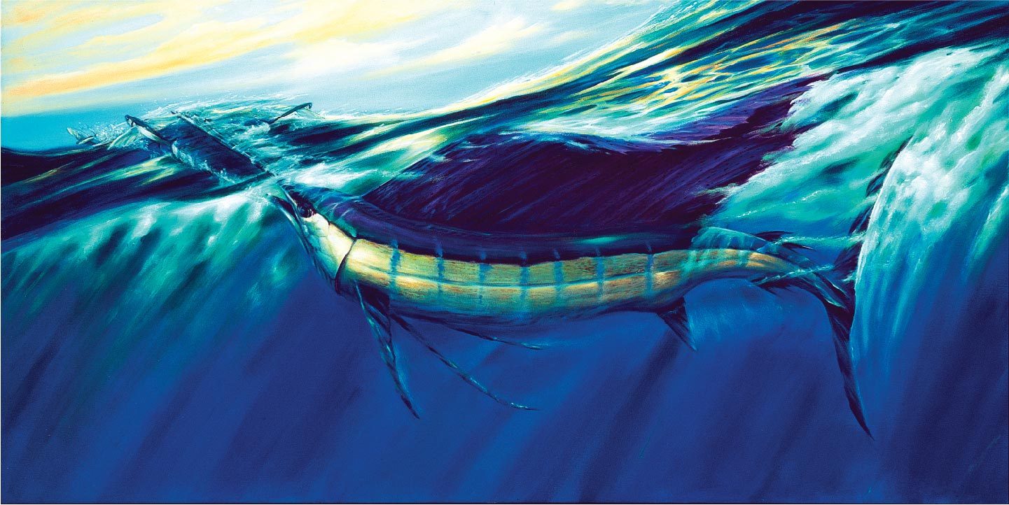 Pasta Pantaleo painting of a sailfish under a wave