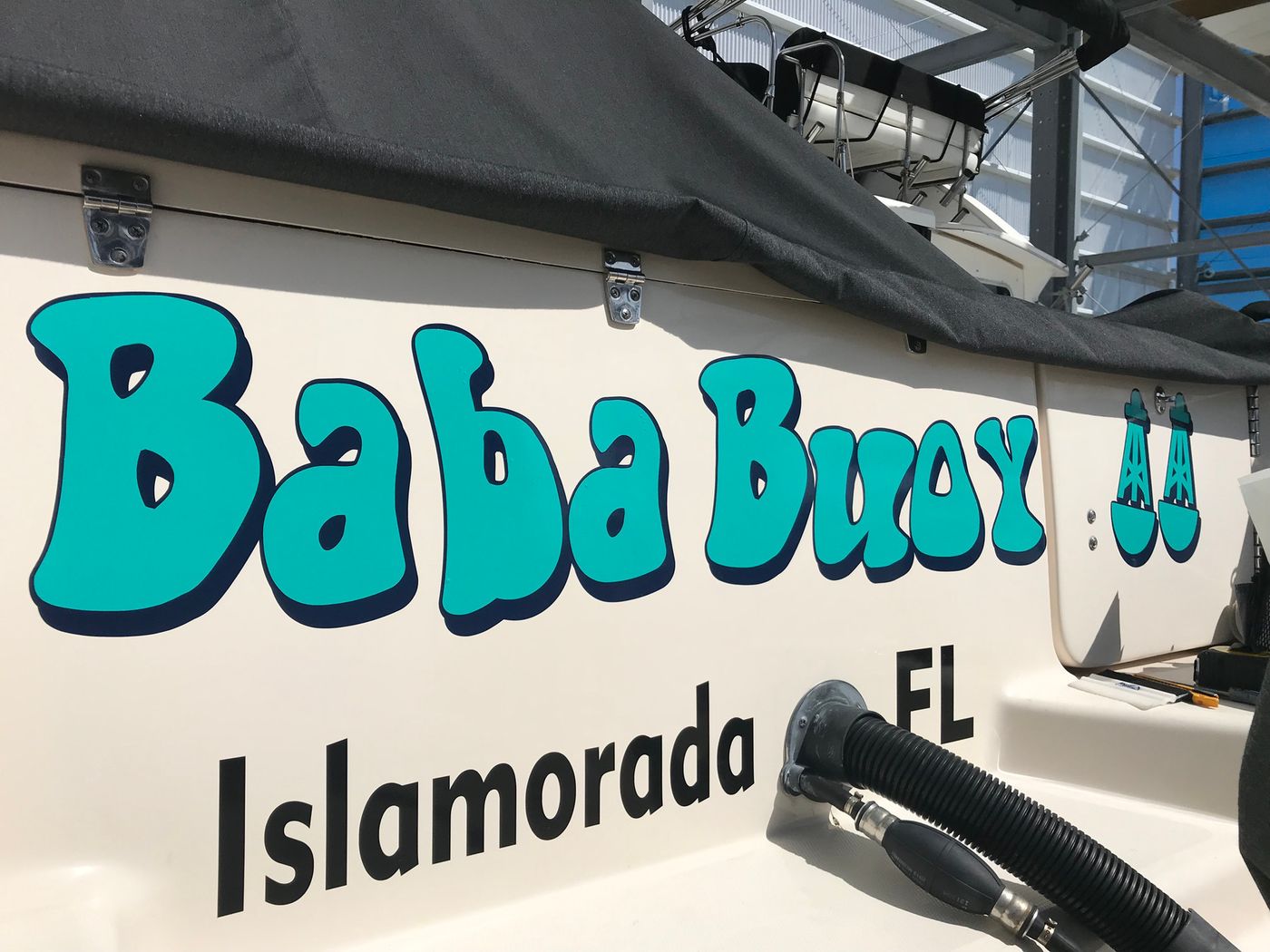 Baba Buoy boat name lettering with Islamorada FL hailing port