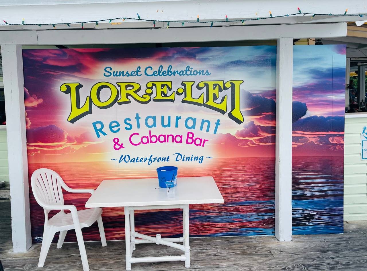Lorelei Restaurant and Cabana Bar wall graphic with a sunset sky