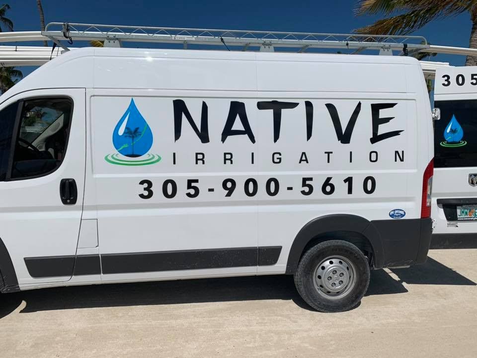 White van lettered Native Irrigation with a water drop logo and phone number