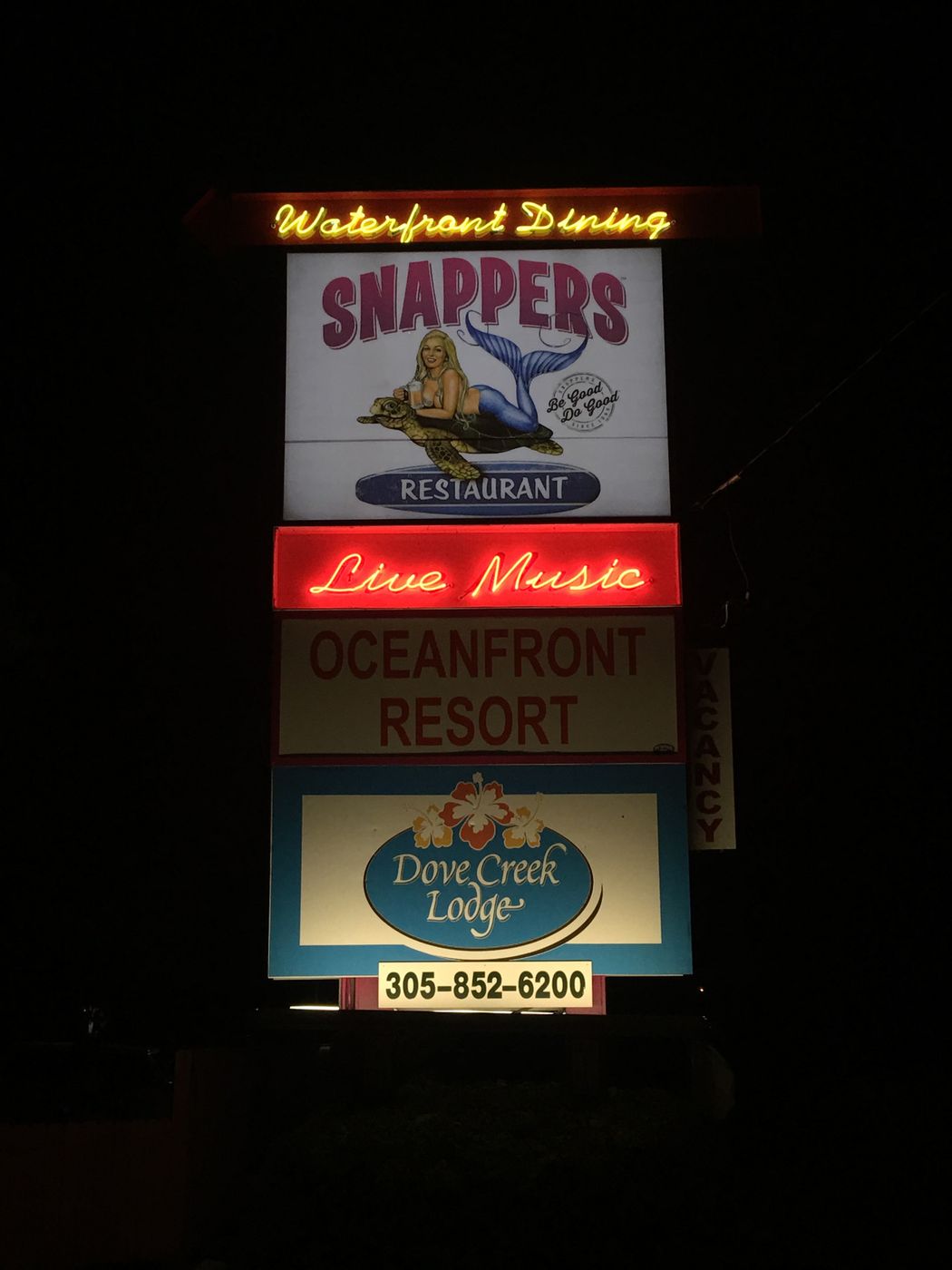 Snappers lit pole sign at night