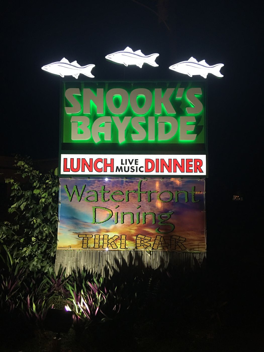 Snook's Bayside lit sign at night