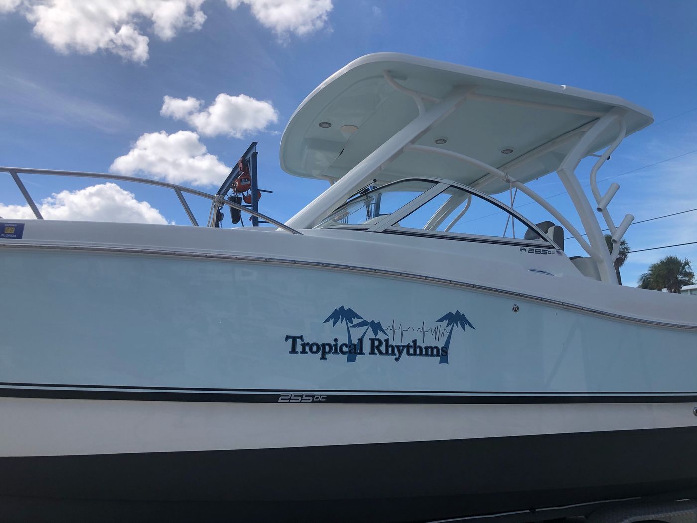 Tropical Rhythm script boat name with palm trees